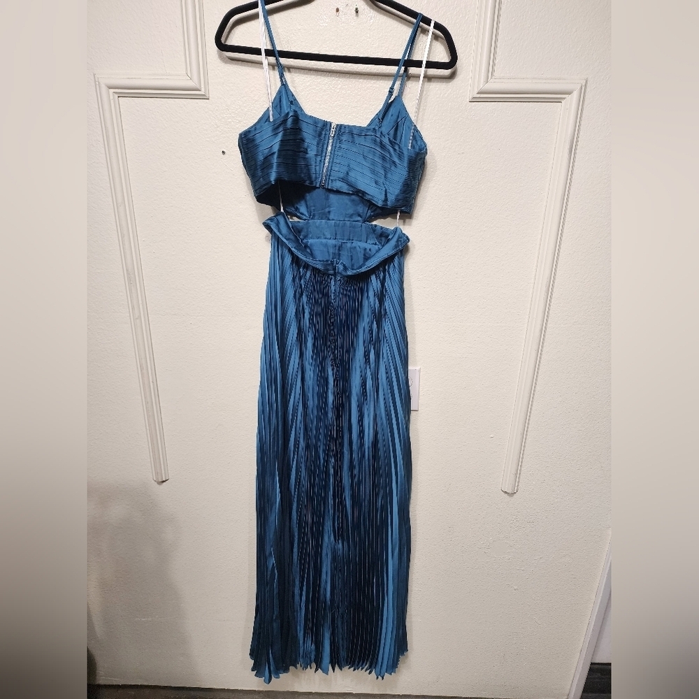 Lulus Got the Glam Teal Pleated Cutout Maxi Dress S Wedding Party Prom Whimsical - Picture 9 of 11